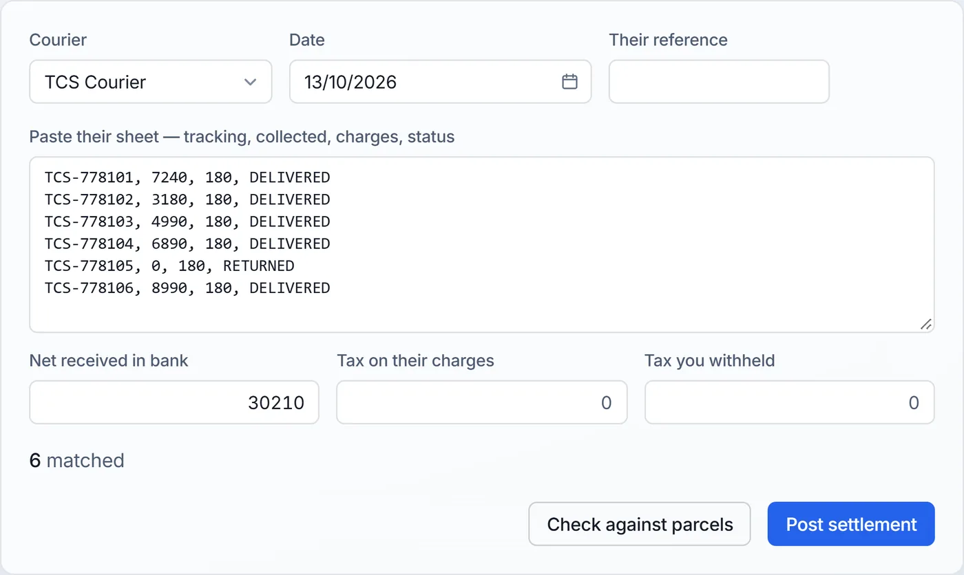 Pasting a courier's settlement sheet into Alevate Books: six parcels matched by tracking number, Rs 30,210 received in the bank