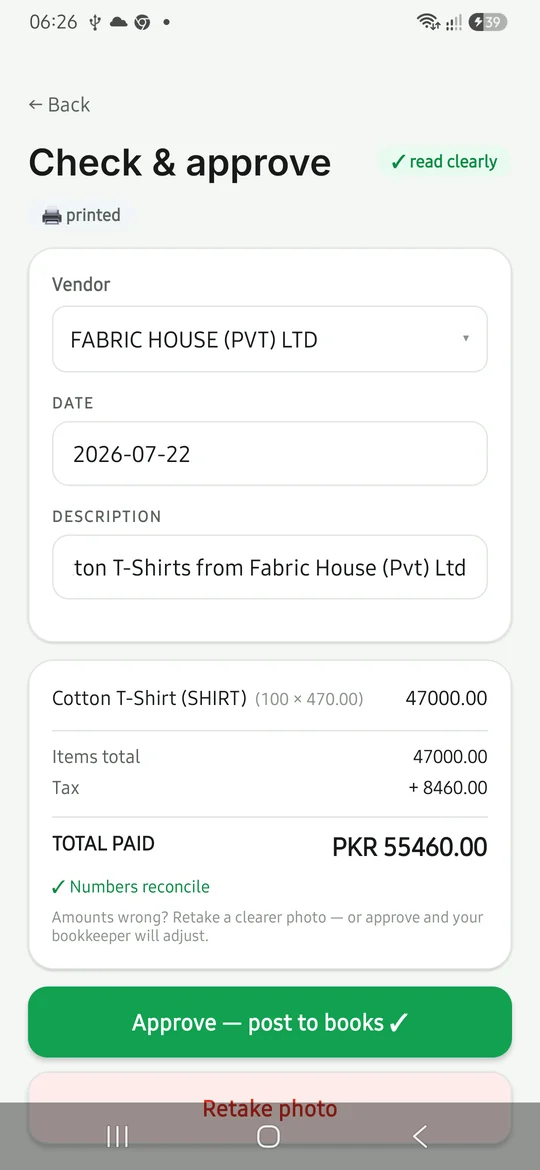 The Check and approve screen of the Alevate Books Android app