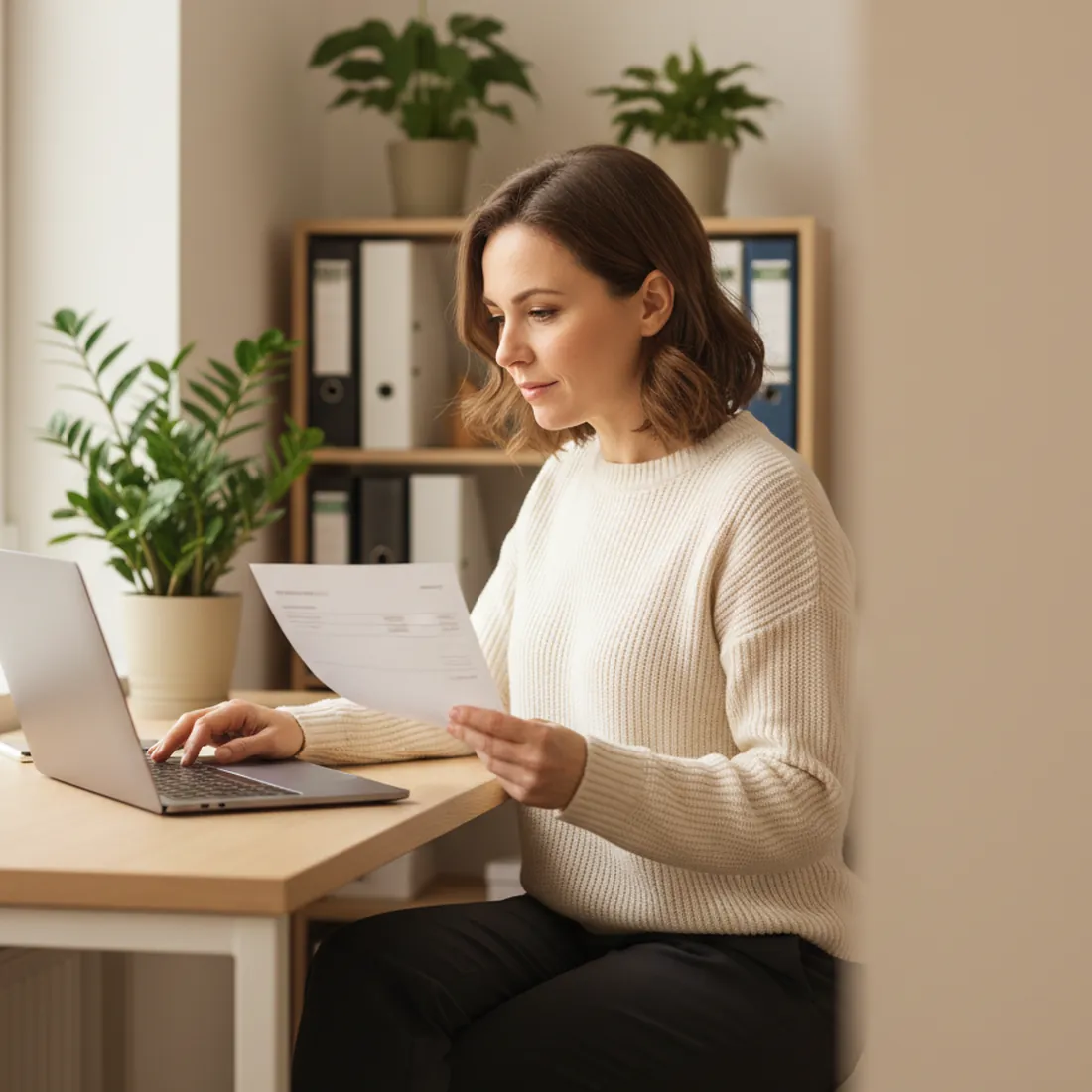 A bookkeeper at a laptop comparing a paper invoice against the screen