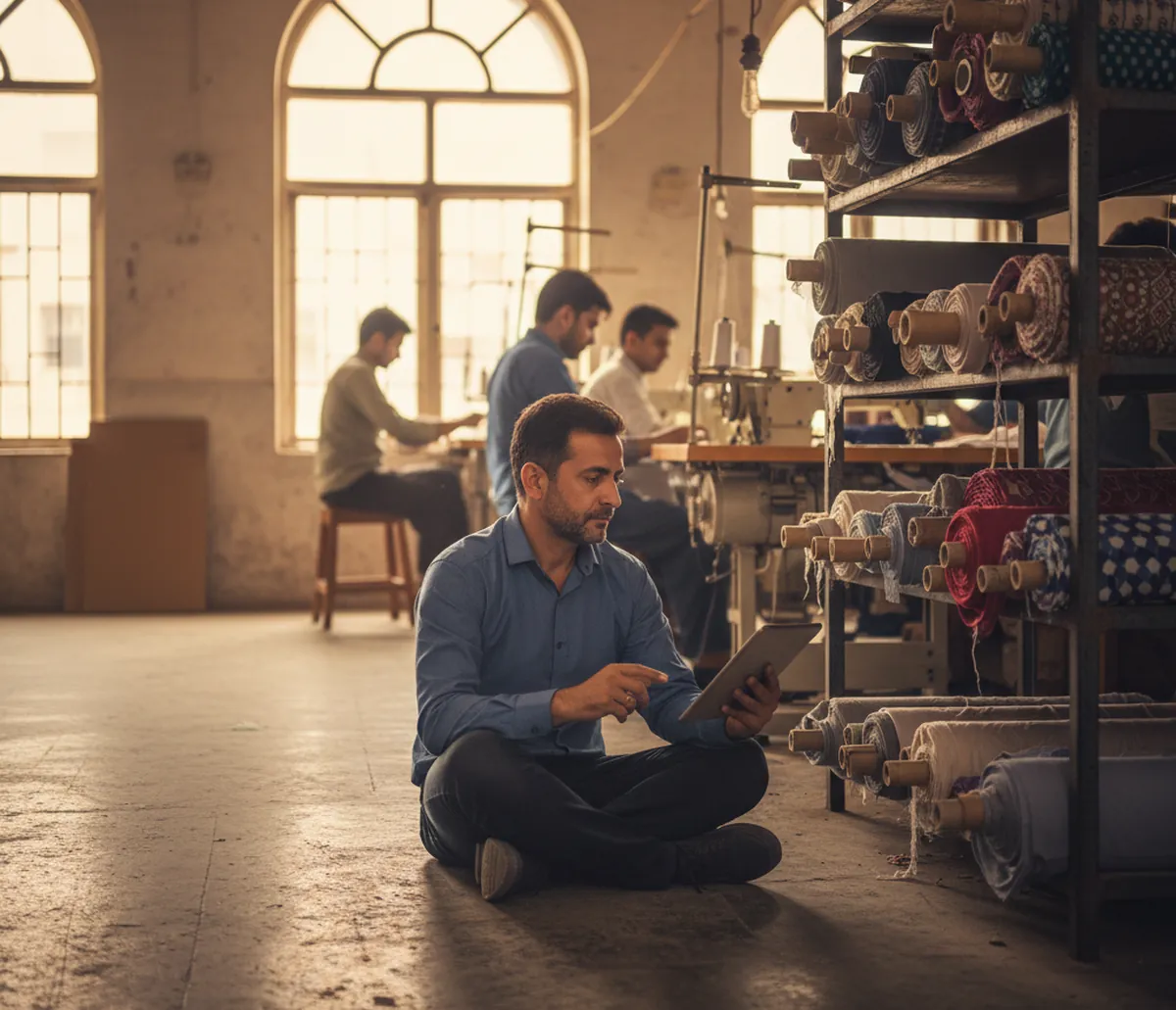 A workshop owner checking finished stock on a tablet on the factory floor